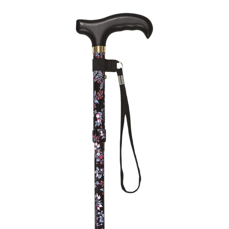 Muletilla mini plegable en aluminio, estampada con flores y fondo negro | R. 3318